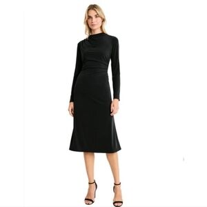 MAGGY LONDON AKIRA Black Rouched Long Sleeve Midi Dress 10 Classic Semi Formal